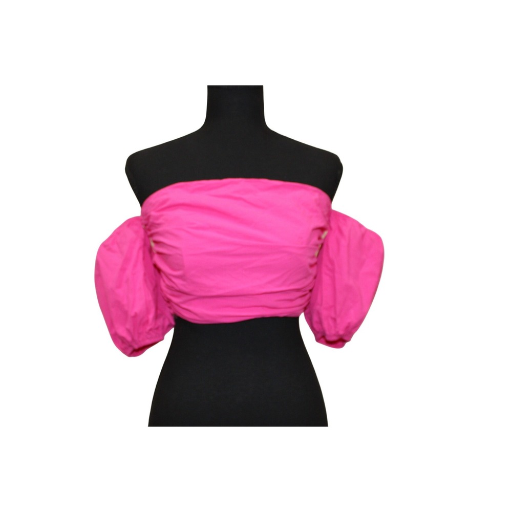 American Threads Crop Top Small Pink Puff Sleeve Off Shoulder Ruched Cottagecore